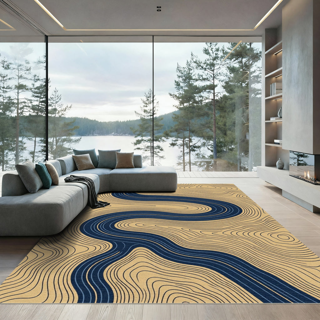 Midnight Blue Abstract Contour Flow Rug