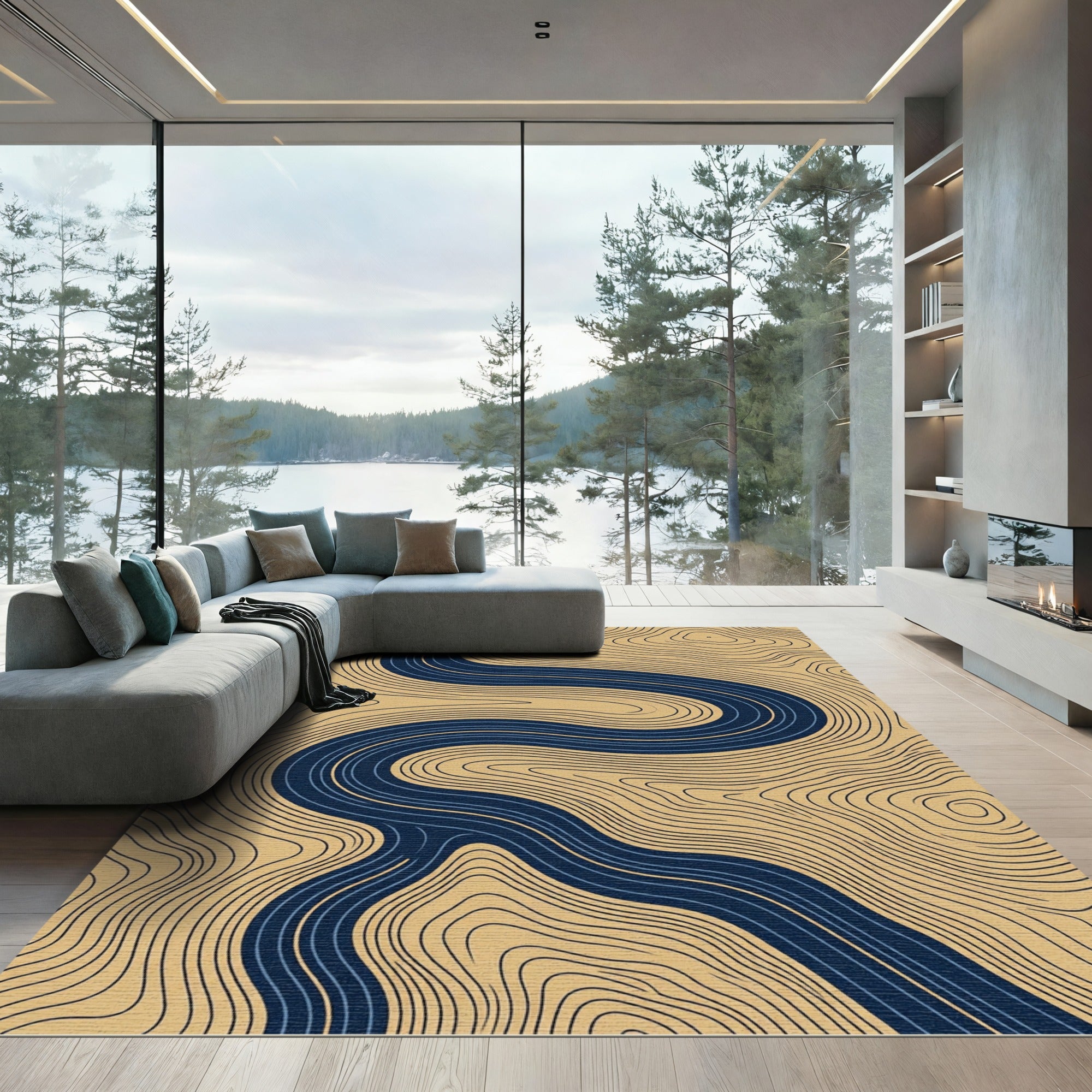 Midnight Blue Abstract Contour Flow Rug