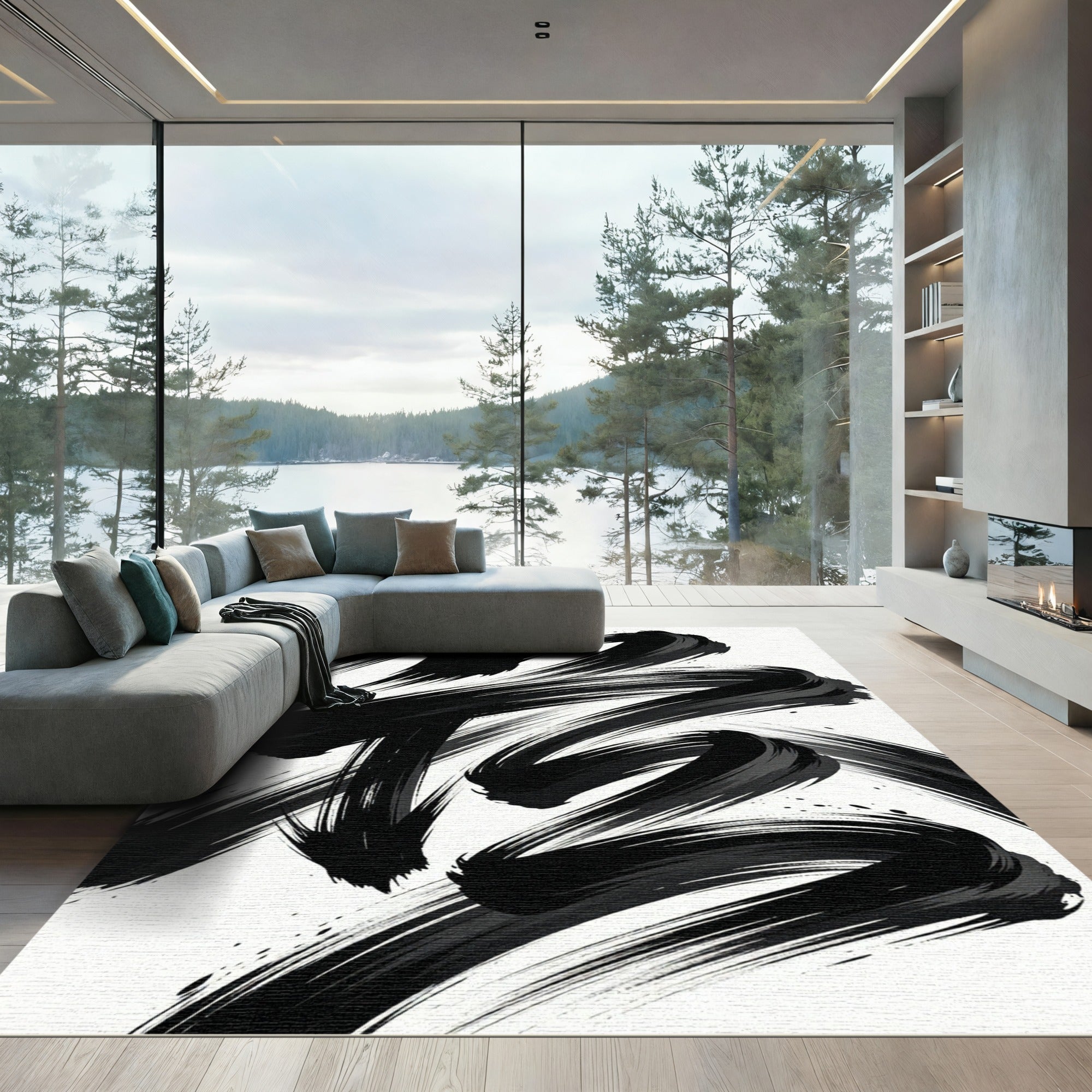 Monochrome Gestural Ink Stroke Abstract Rug