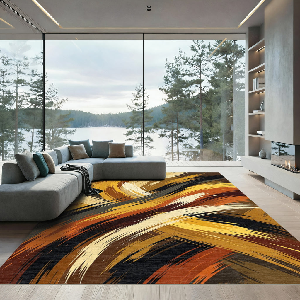 Modern Golden Bronze Abstract Swirl Rug