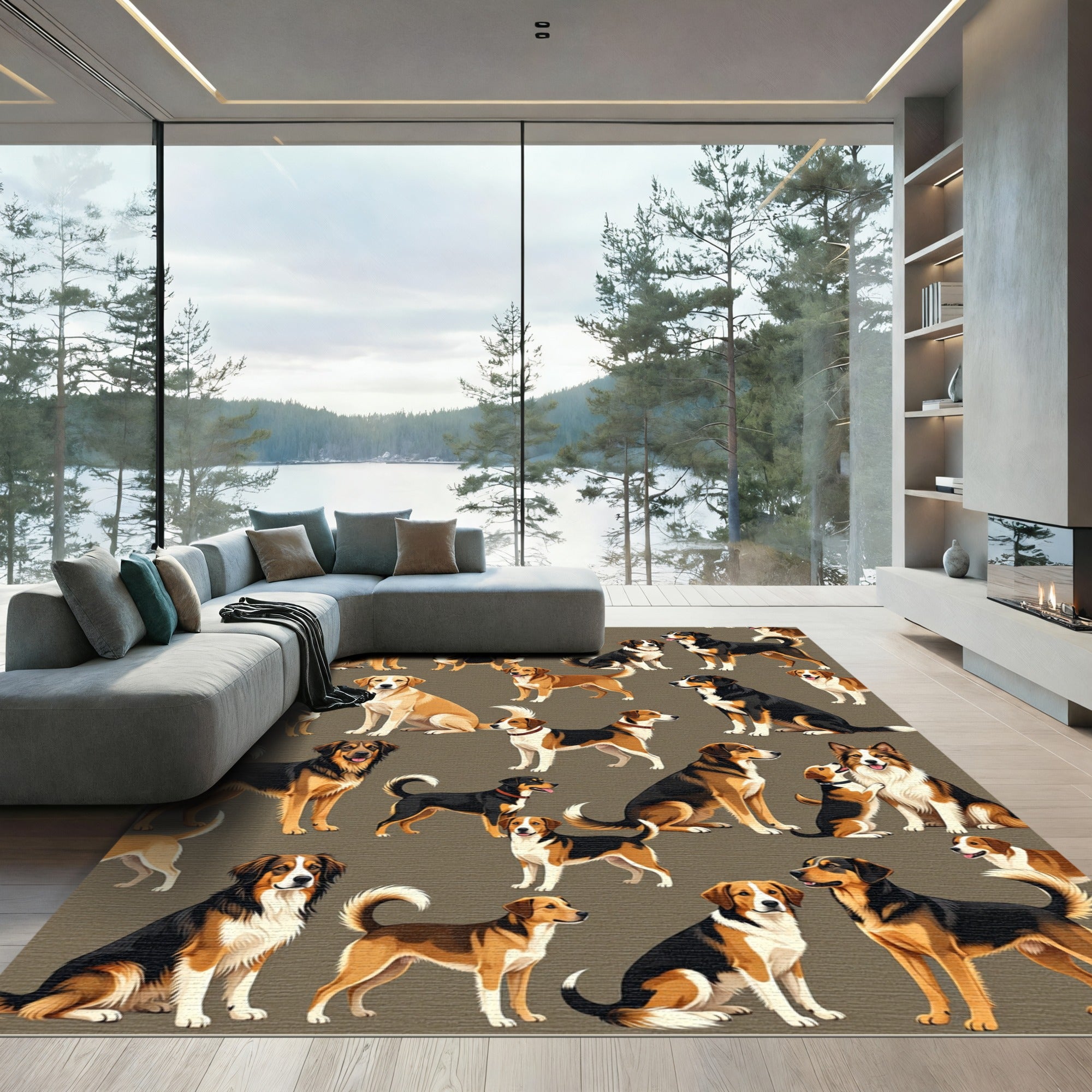 Multicolor Dog Portraits on Taupe Background Rug