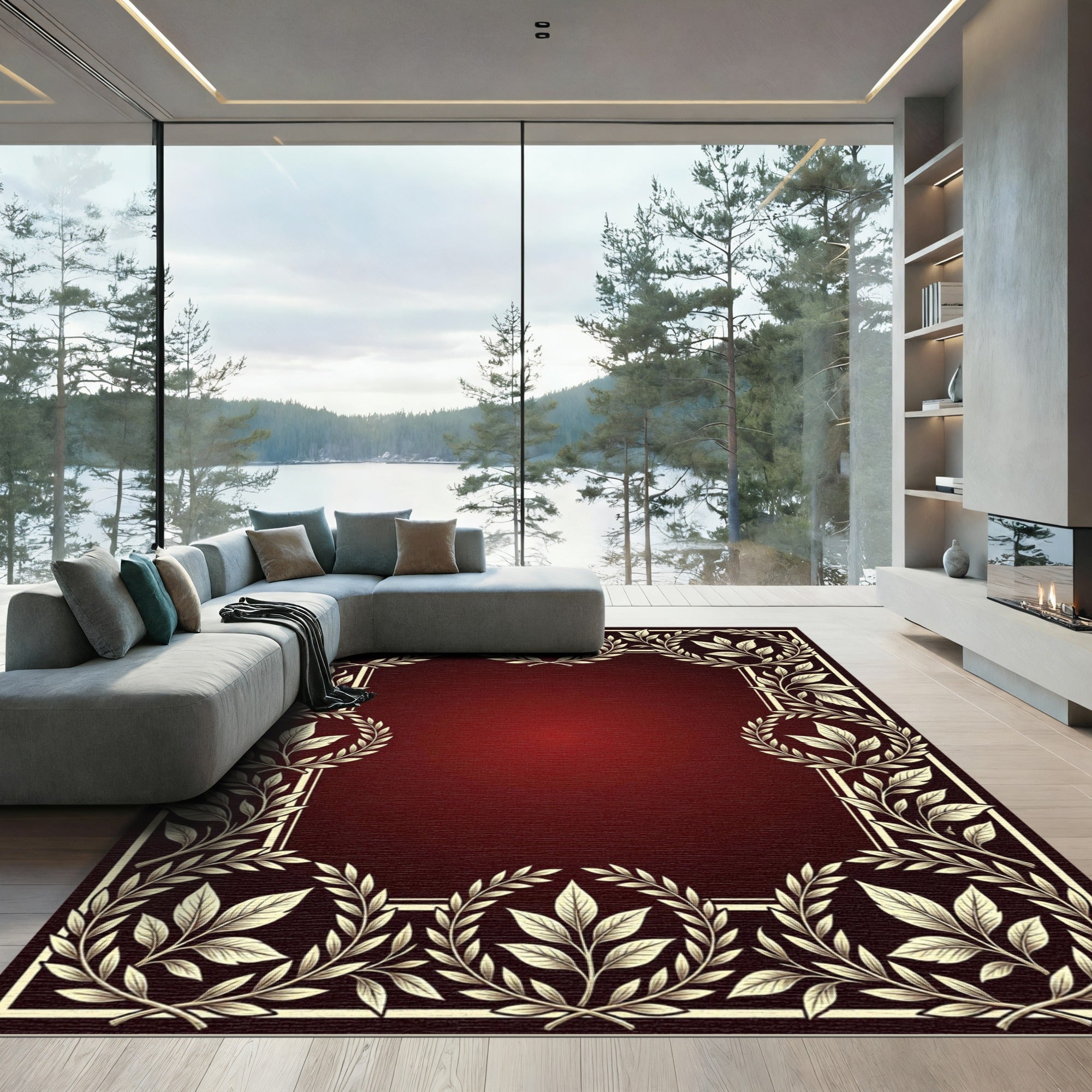 Elegant Cream Laurel Wreath Burgundy Rug