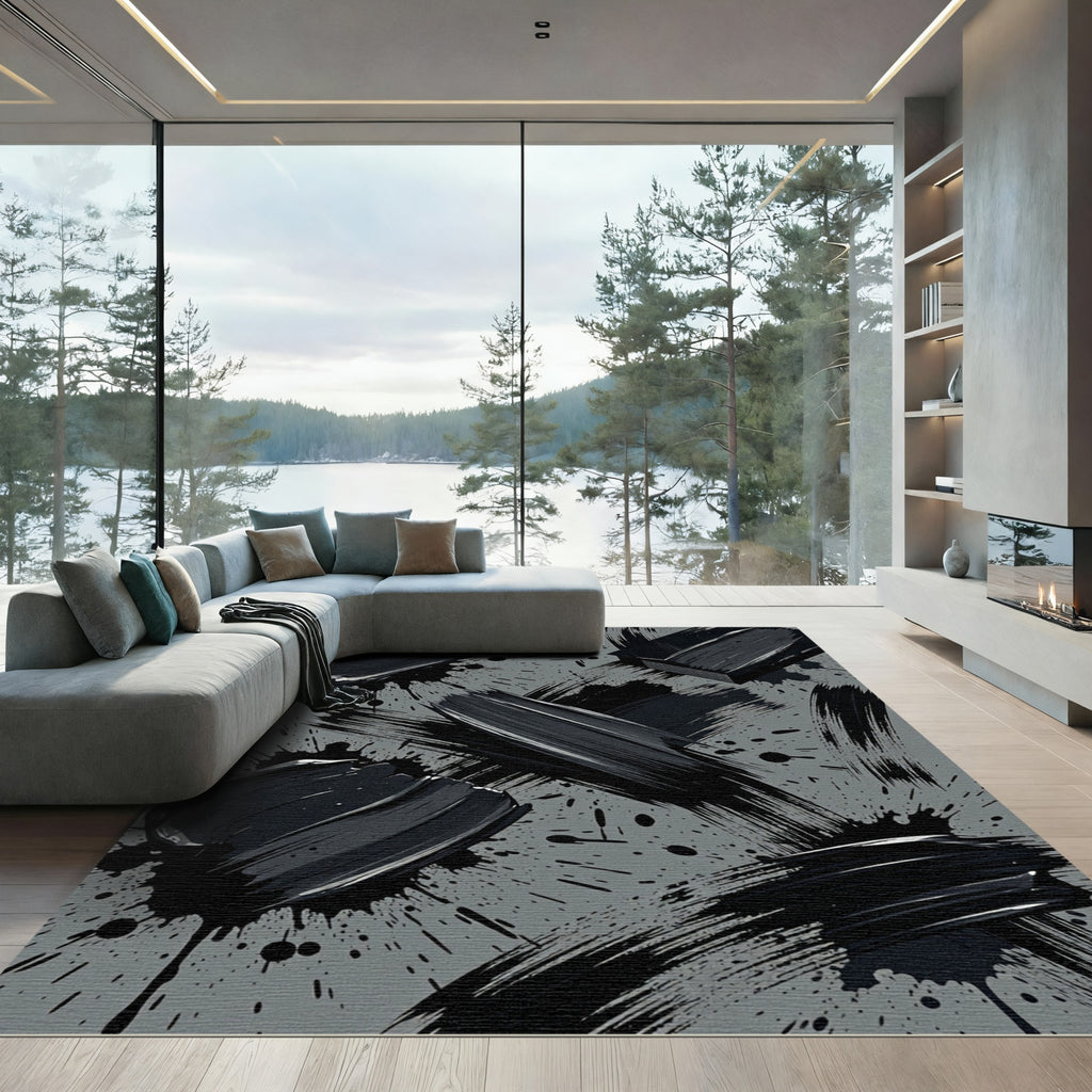 Modern Charcoal Black Ink Brush Strokes Rug