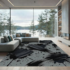 Modern Charcoal Black Ink Brush Strokes Rug