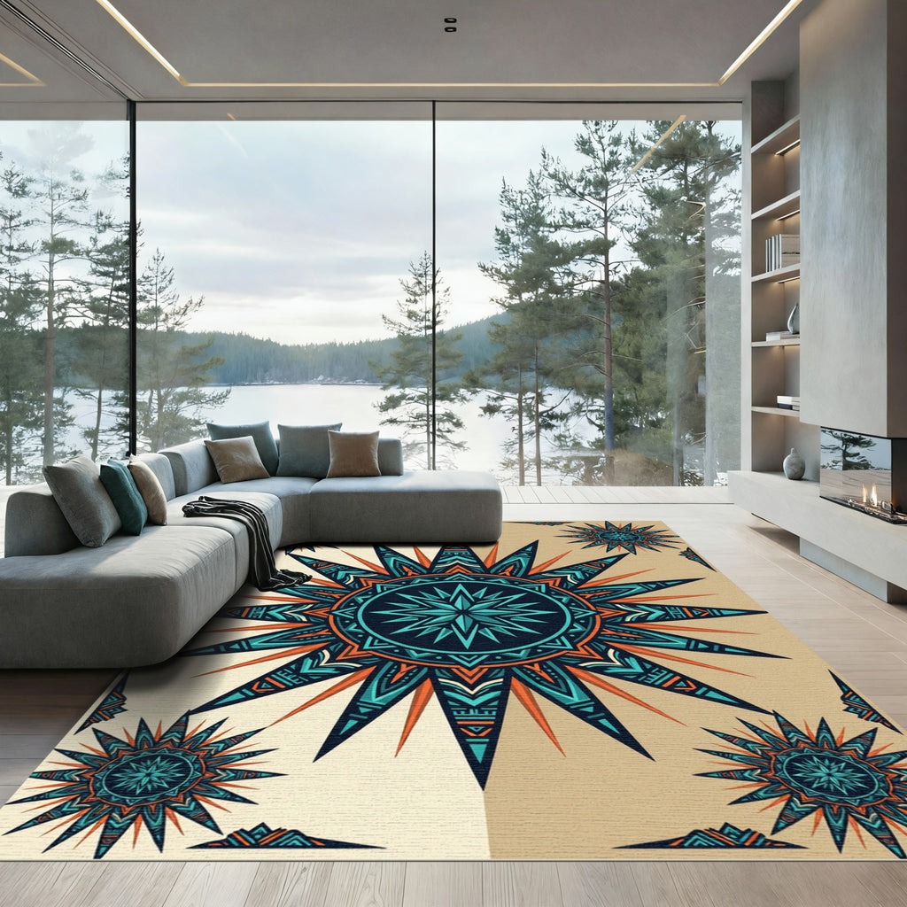 Sunburst Turquoise Orange Geometric Medallion Rug