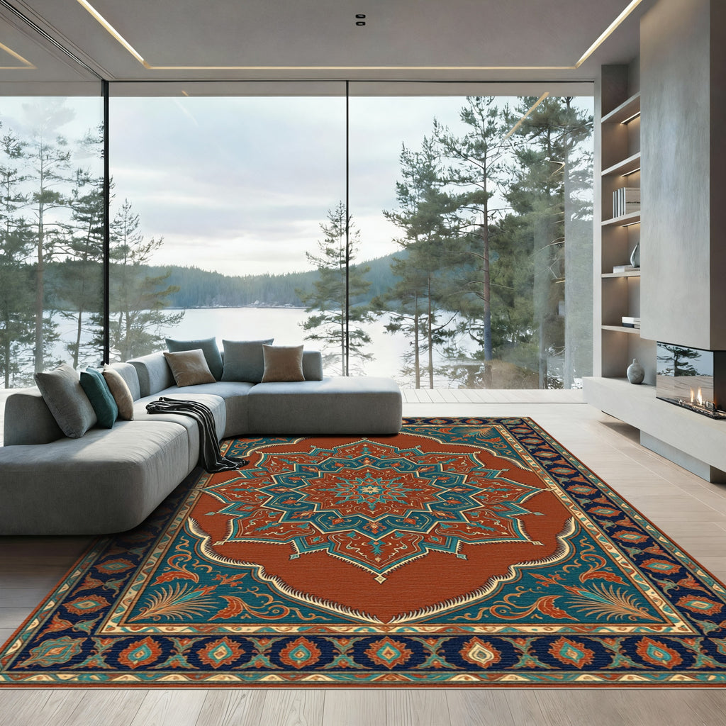 Terracotta Teal Ornate Star Medallion Rug