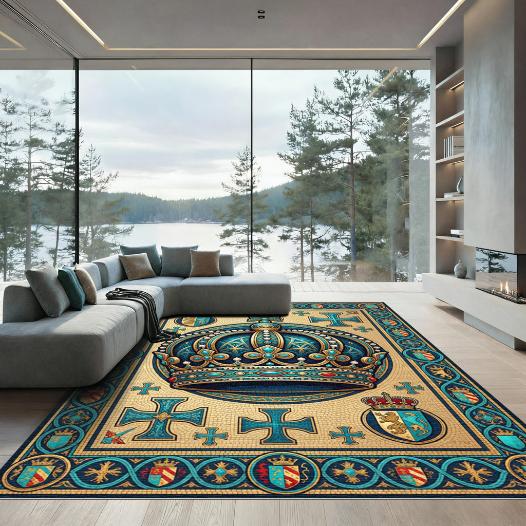 Royal Turquoise Crown Mosaic Emblem Rug
