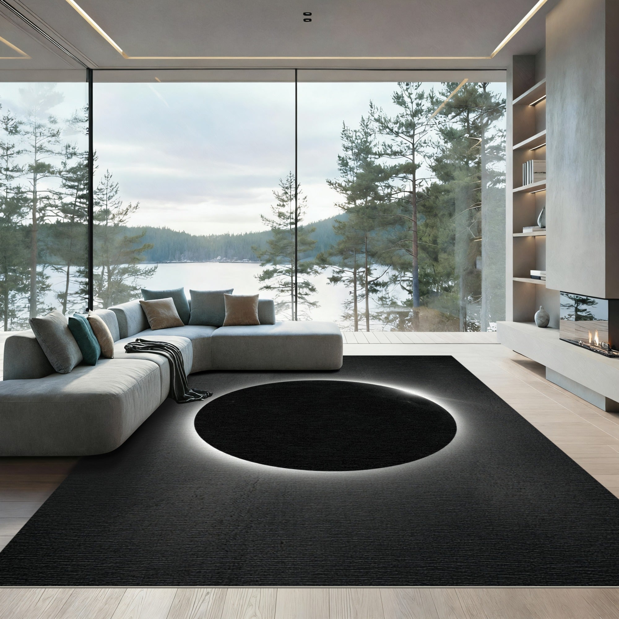Dramatic Black Solar Eclipse Halo Rug