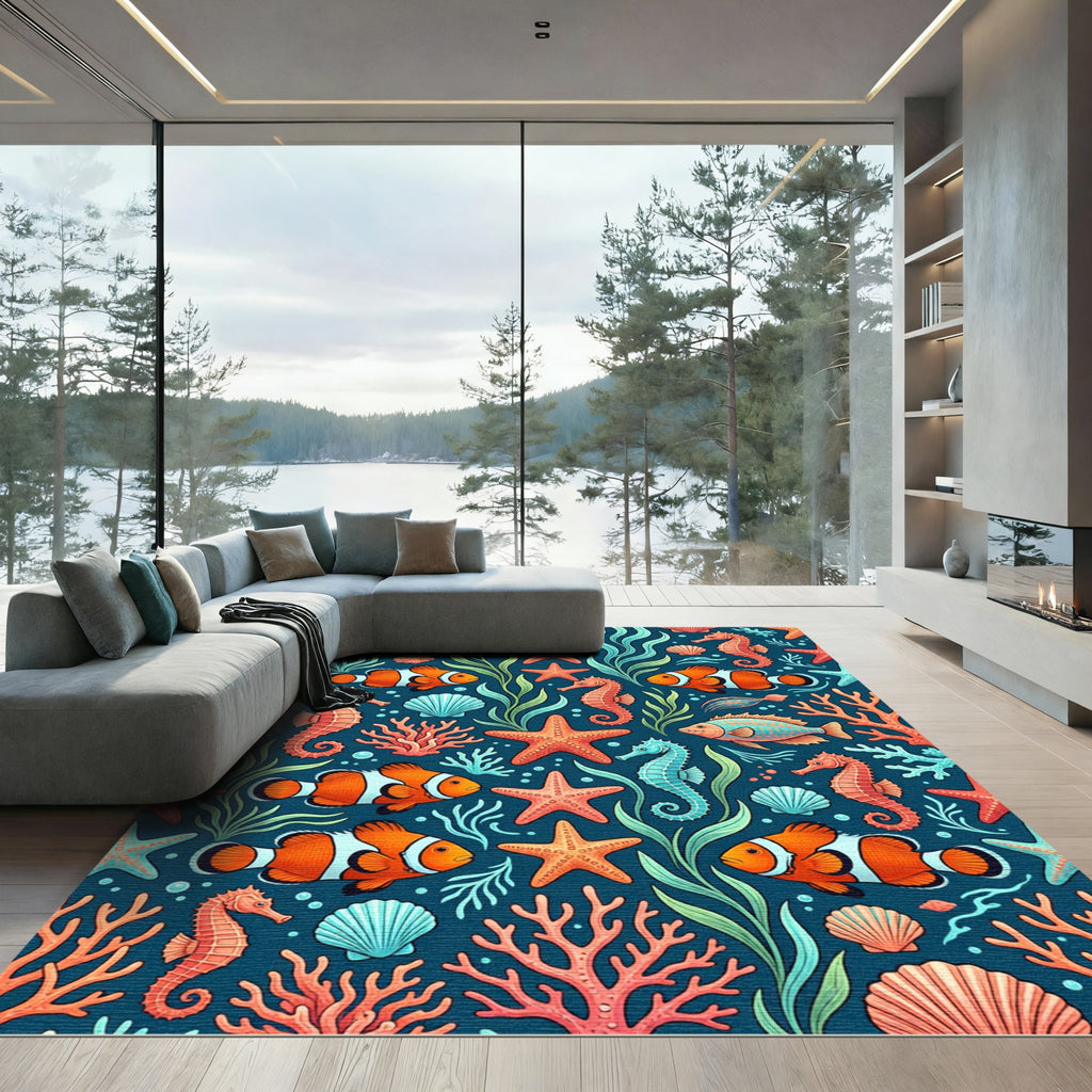 Vibrant Coral Reef Sea Life Illustration Rug