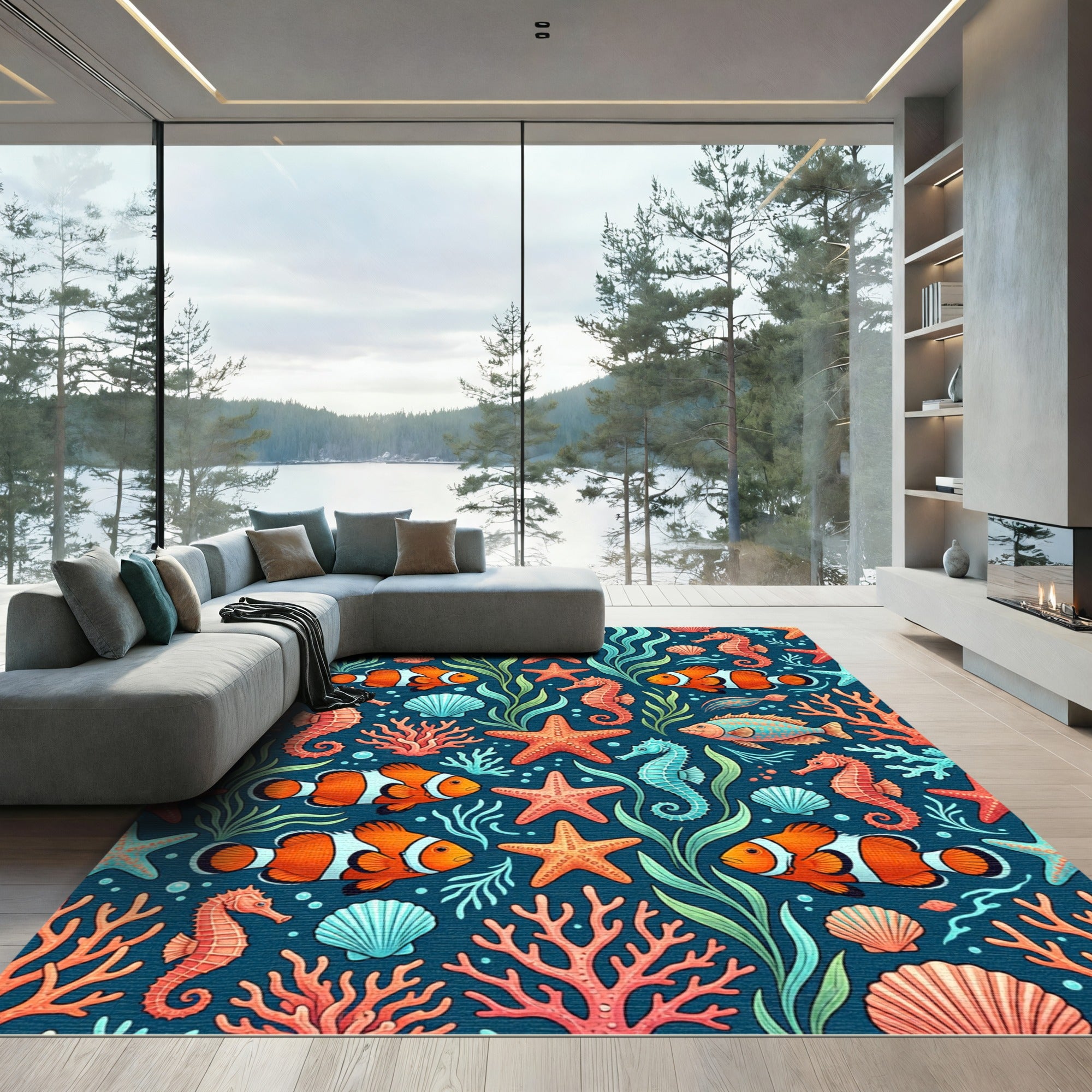 Vibrant Coral Reef Sea Life Illustration Rug