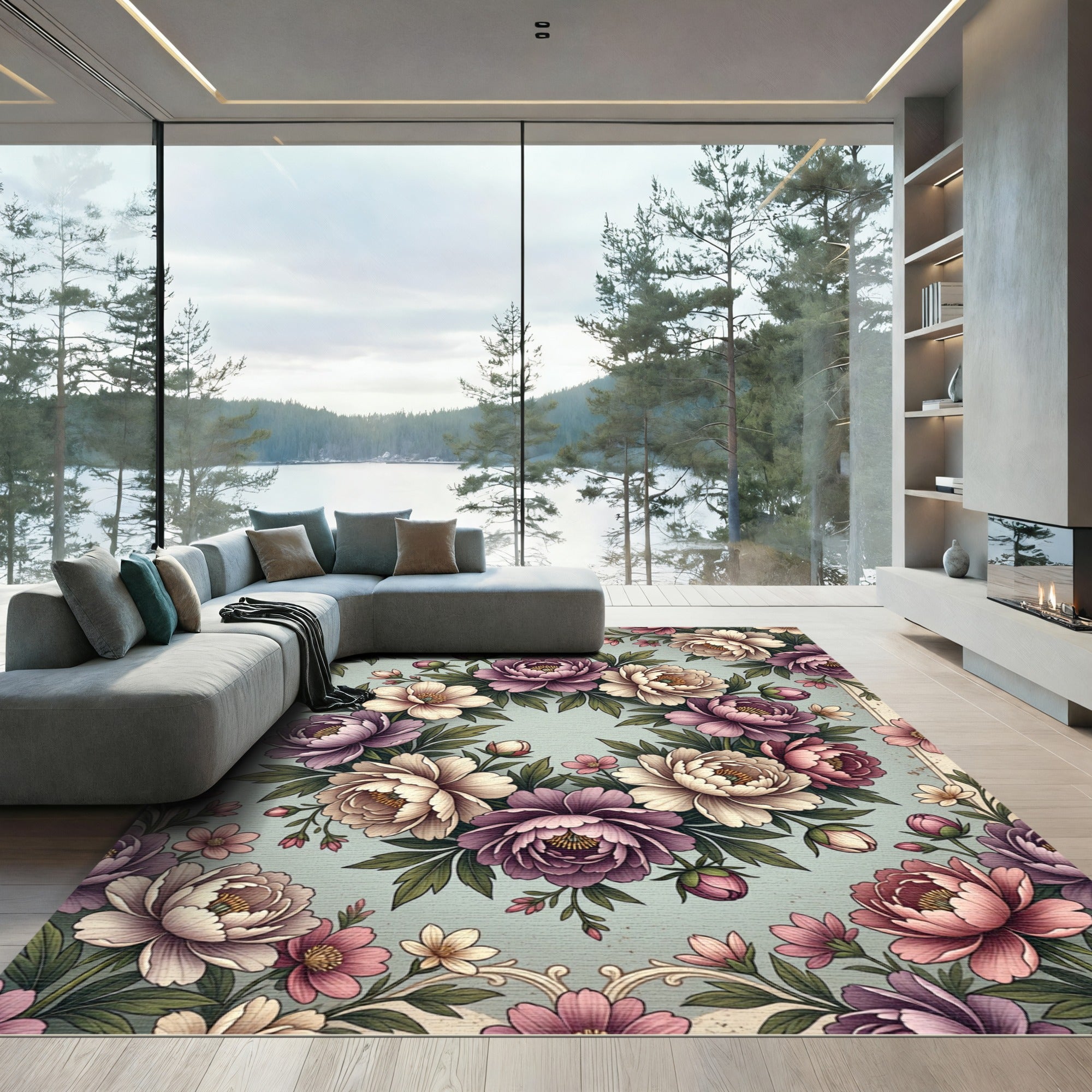 Elegant Pastel Peony Floral Wreath Rug