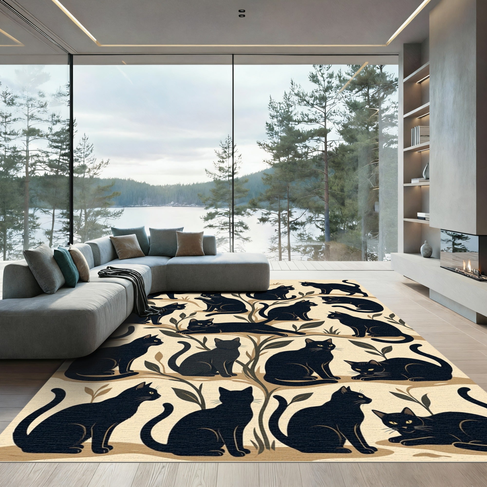 Whimsical Black Sitting Cat Botanical Area Rug