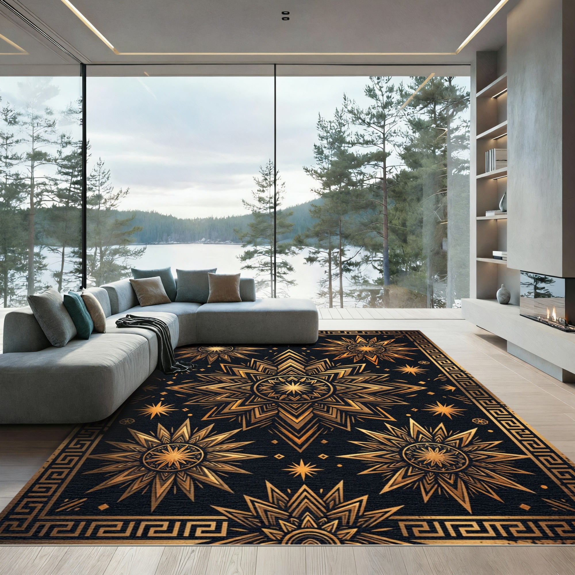Radiant Gold Starburst Mandala Border Rug