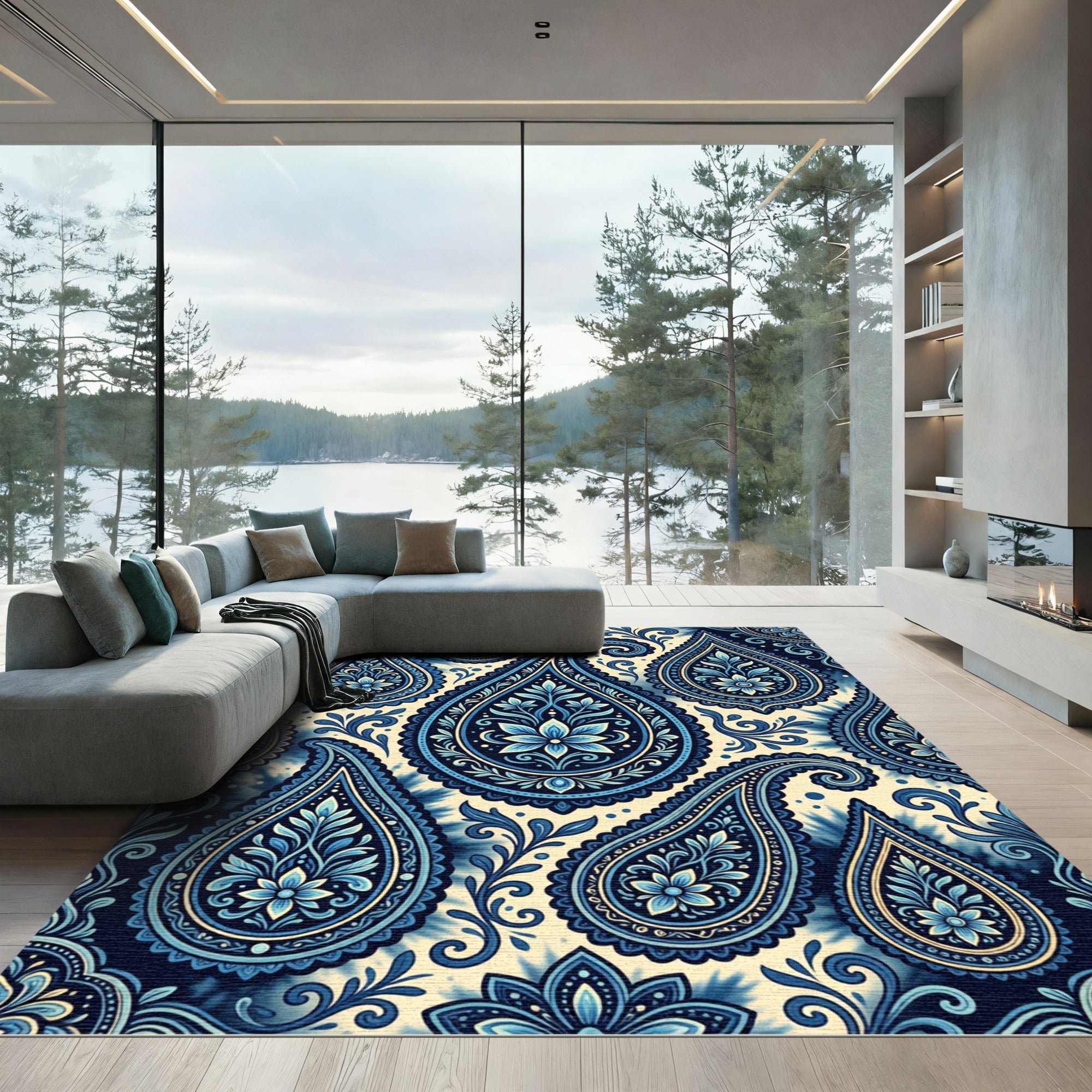 Deep Blue Paisley Floral Medallion Rug