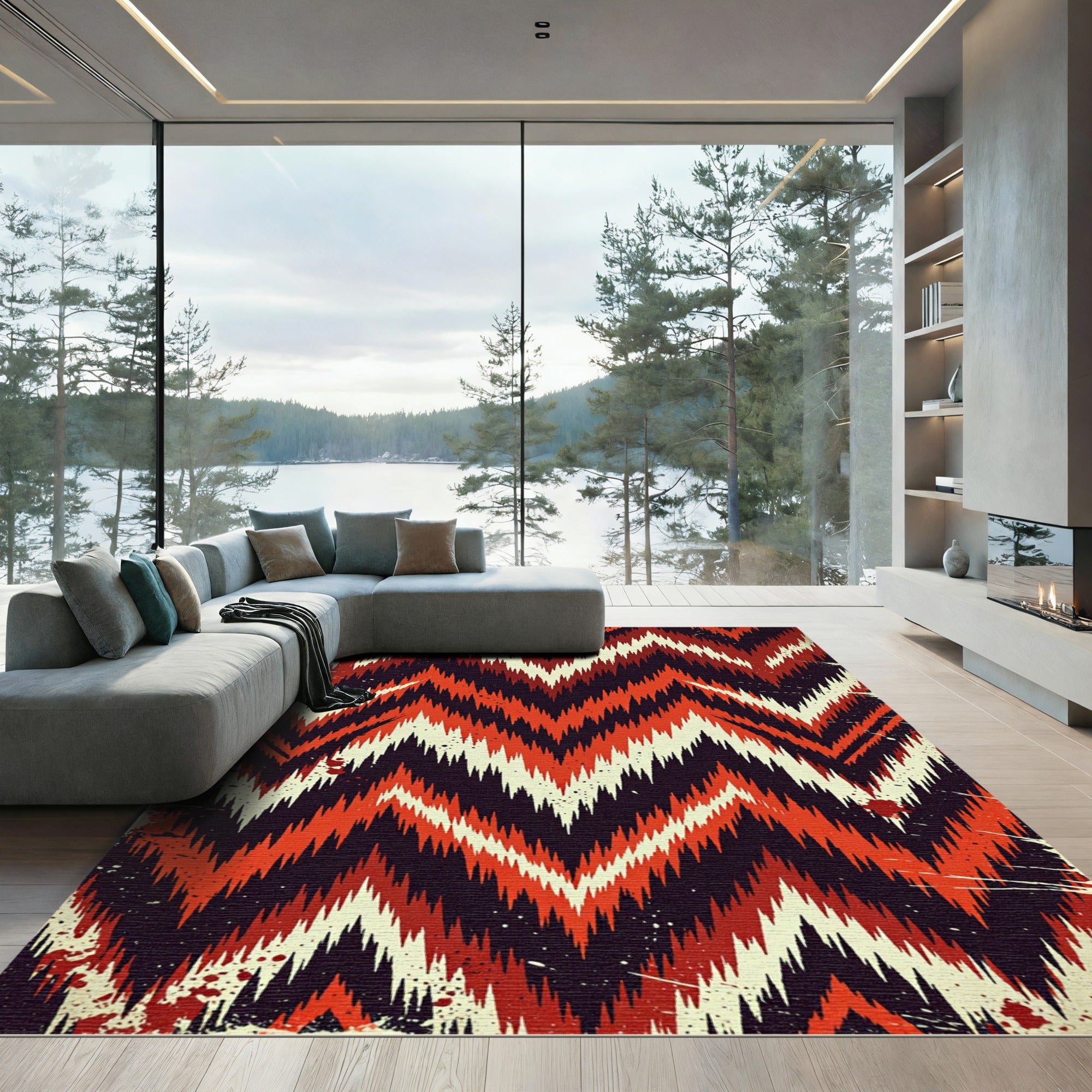 Bold Crimson Chevron Tribal Art Rug