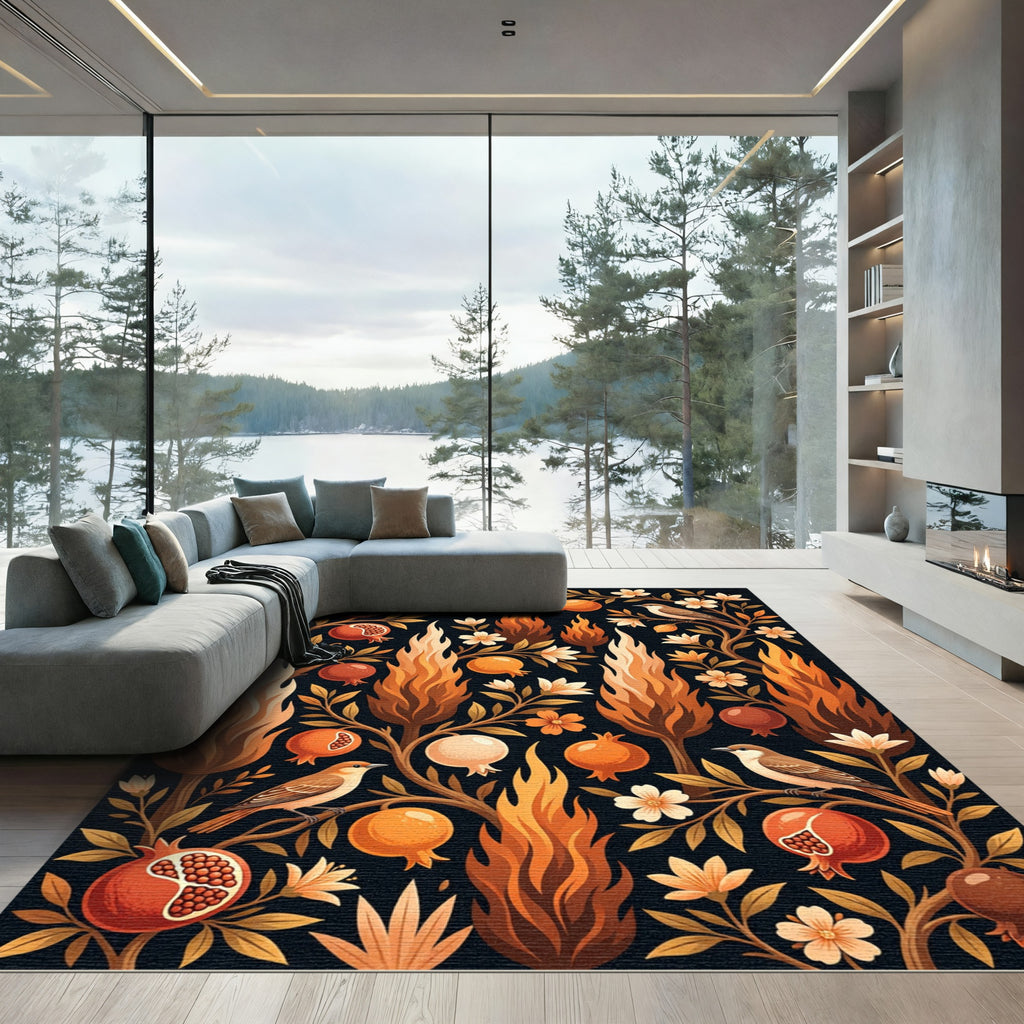 Earthy Pomegranate and Flame Botanical Artwork Rug