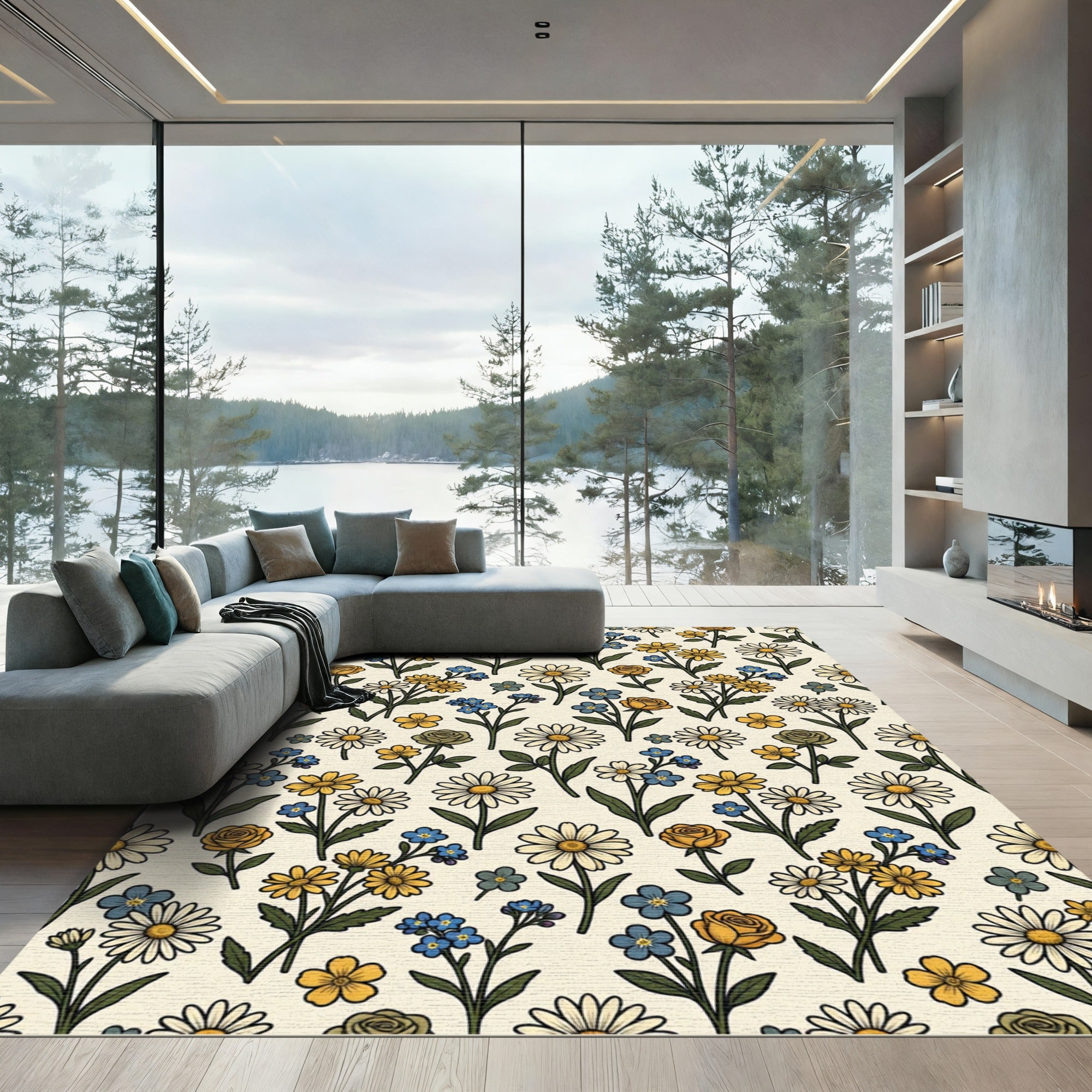 Yellow Blue Daisy Rose Garden Rug