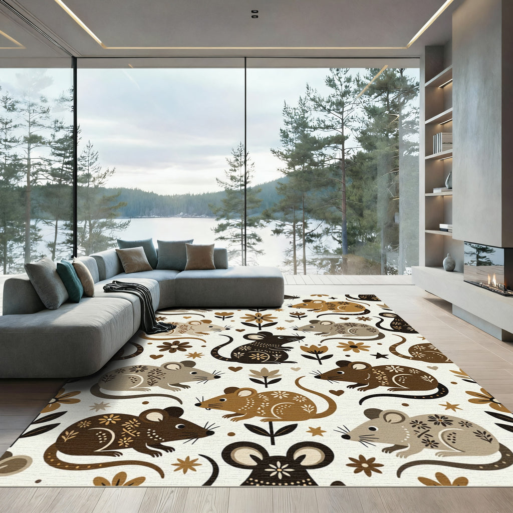 Whimsical Woodland Mouse Floral Earthy Rug