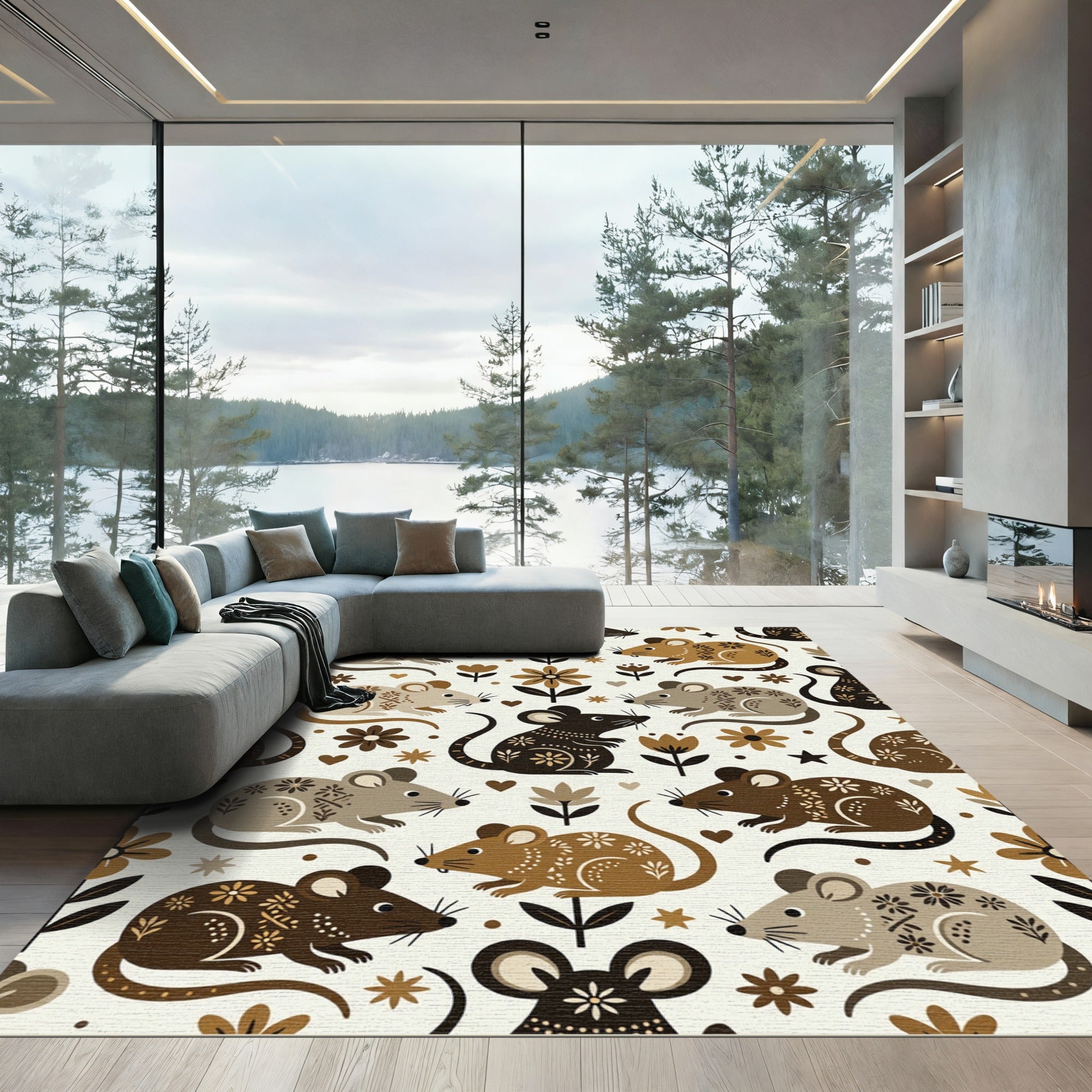 Whimsical Woodland Mouse Floral Earthy Rug