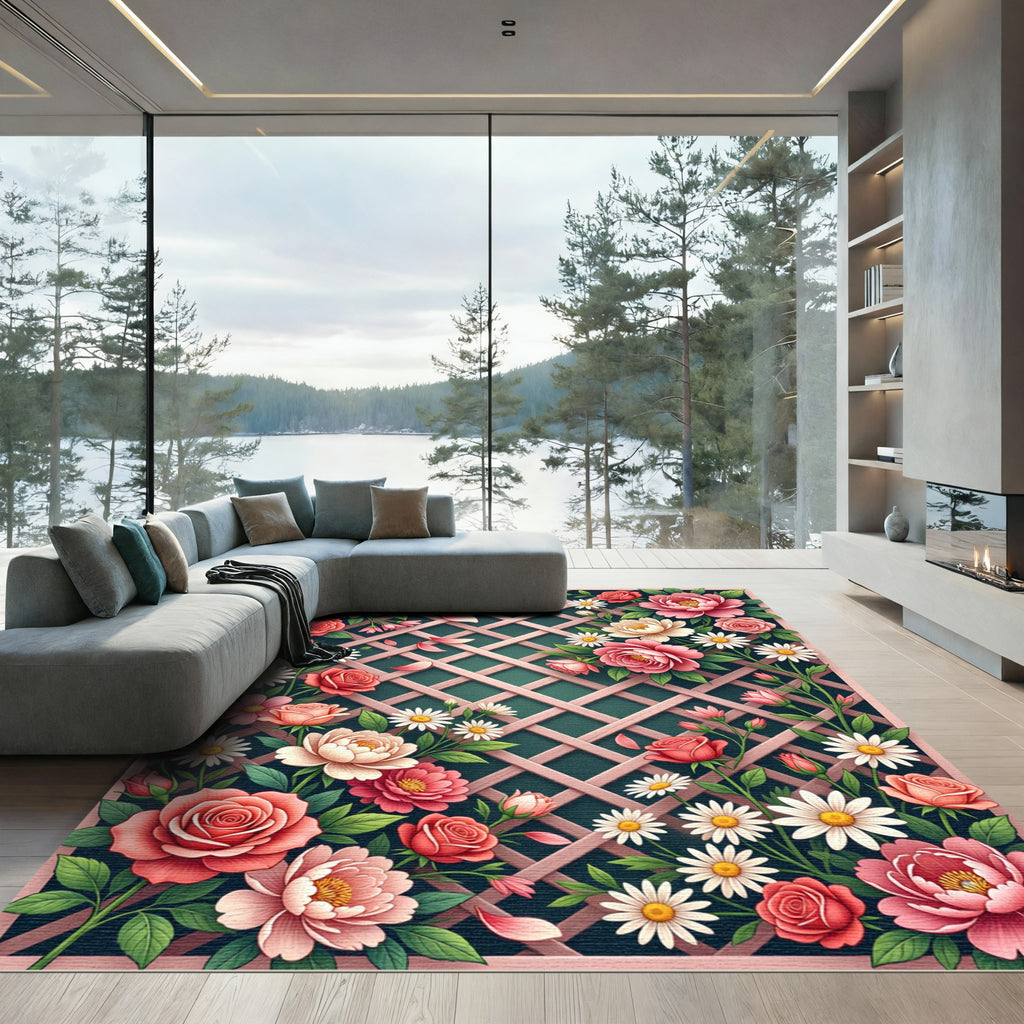 Pink Roses Daisy Lattice Floral Rug