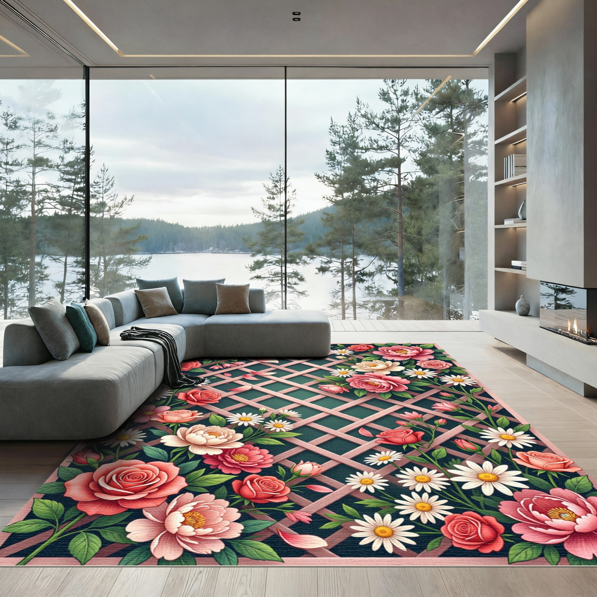 Pink Roses Daisy Lattice Floral Rug