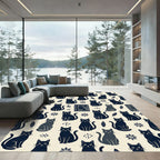 Whimsical Navy Cat Botanical Illustrations Rug