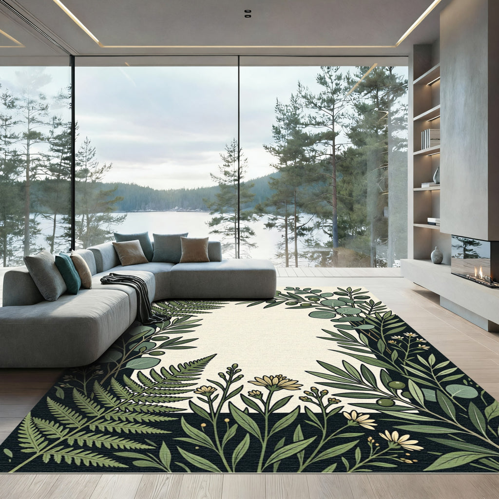 Green Floral Fern Olive Branch Botanical Rug