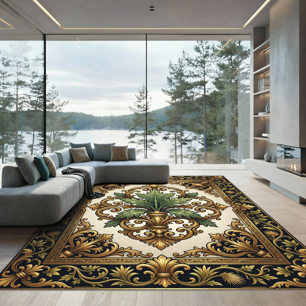 Ornate Gold Acanthus Leaf Foliage Medallion Rug