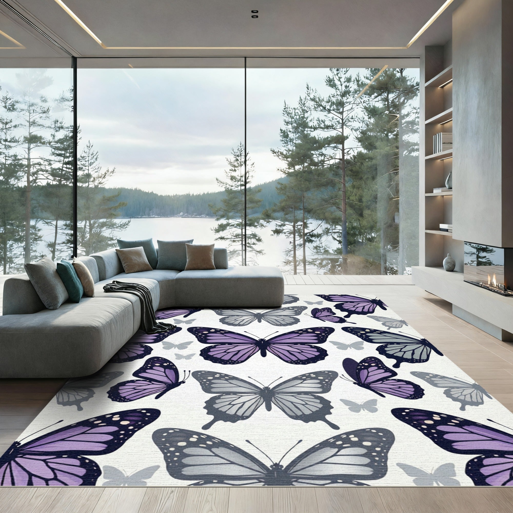 Elegant Lavender and Slate Butterfly Field Rug