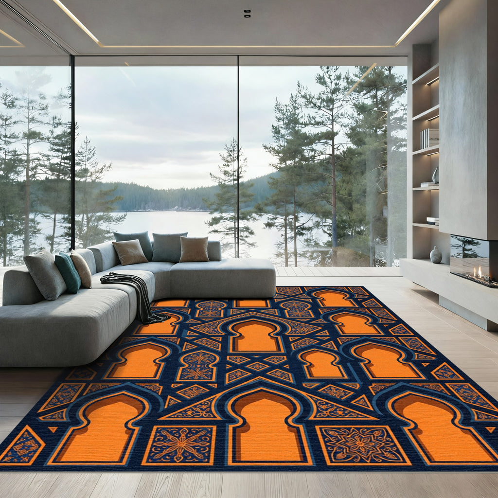 Geometric Orange and Navy Arched Tile Rug