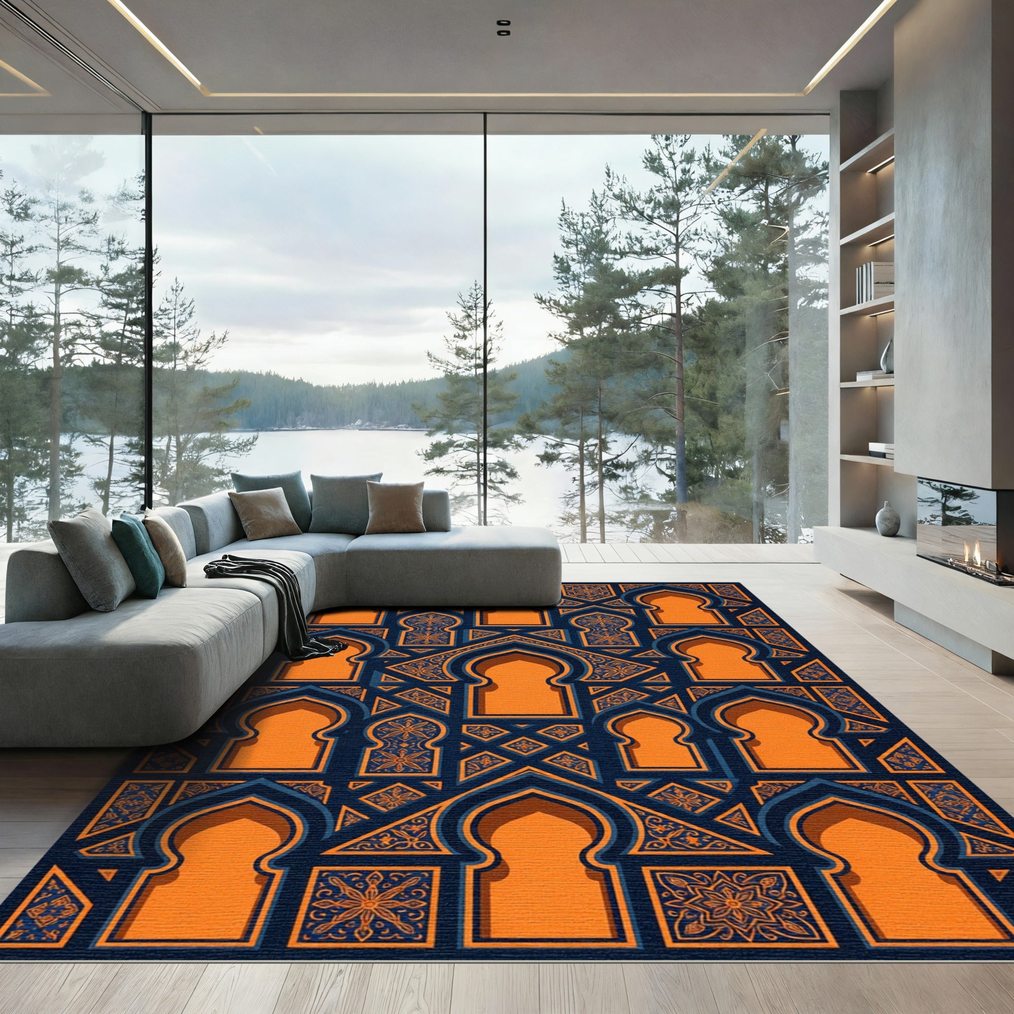 Geometric Orange and Navy Arched Tile Rug