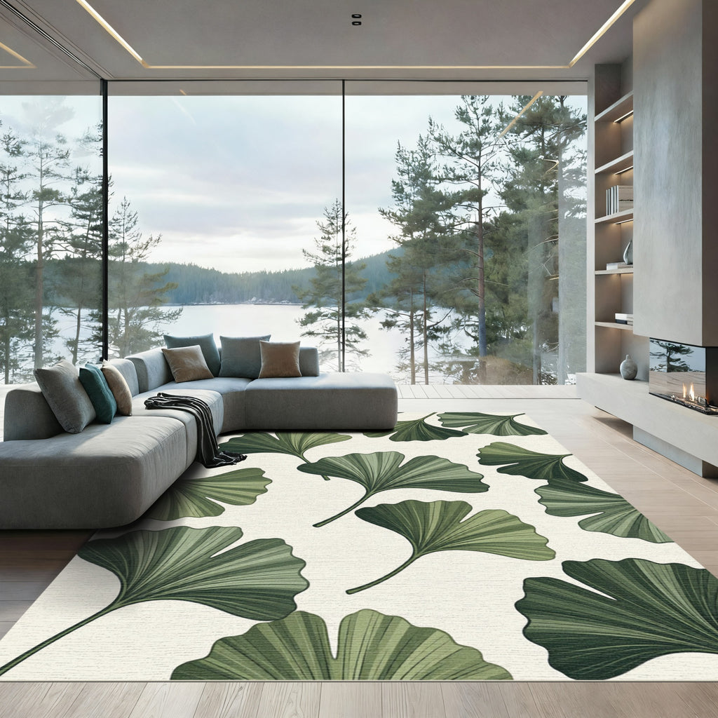 Earthy Green Ginkgo Leaf Botanical Rug