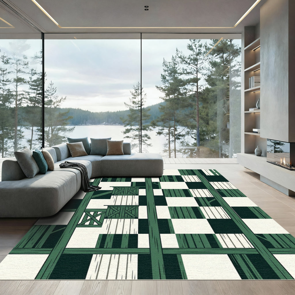 Modern Forest Green Geometric Checkered Grid Rug