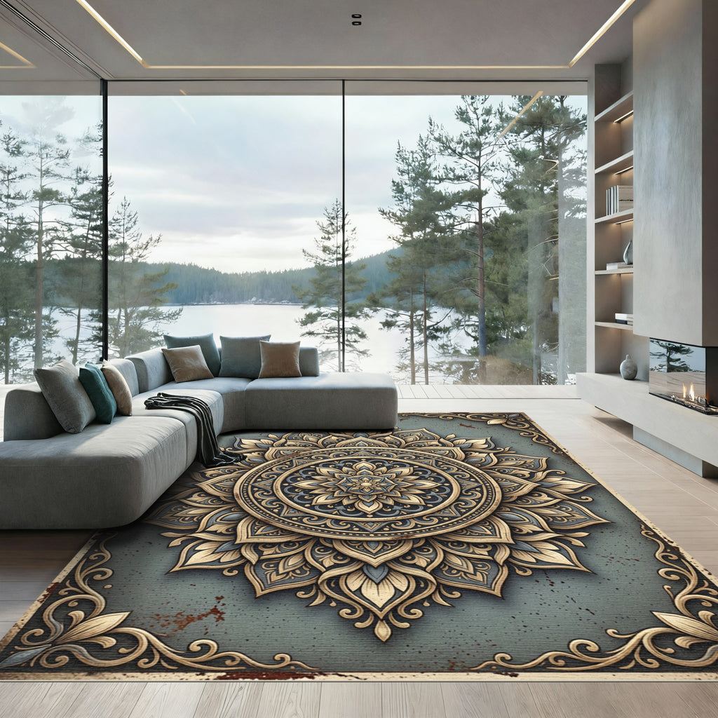 Ornate Gold Teal Mandala Art Rug