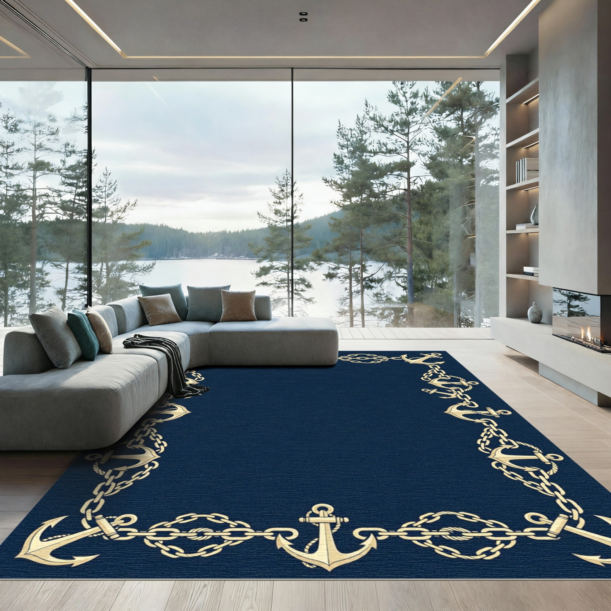 Navy Anchor Chain Border Nautical Rug