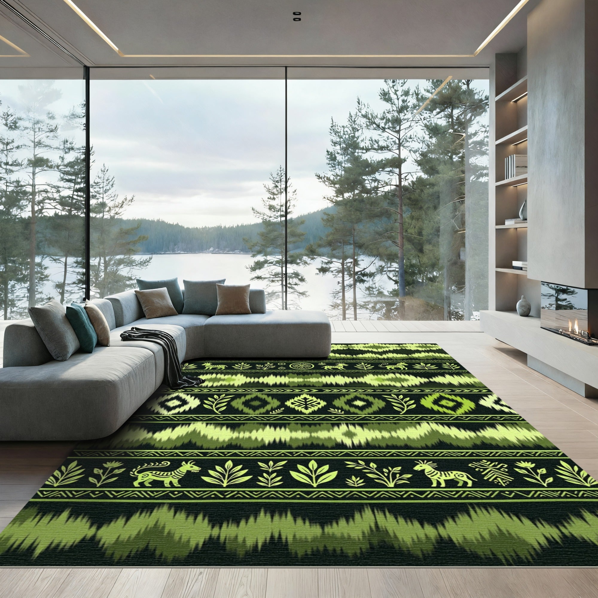 Green Ikat Tribal Animal Border Rug