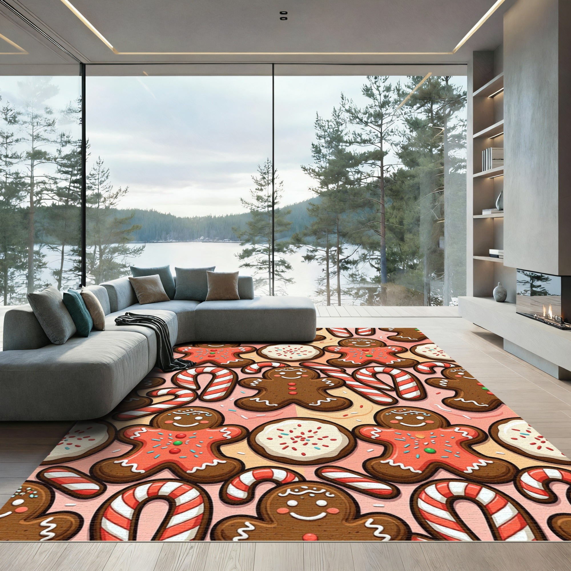 Cute Gingerbread Candy Cane Celebration Rug