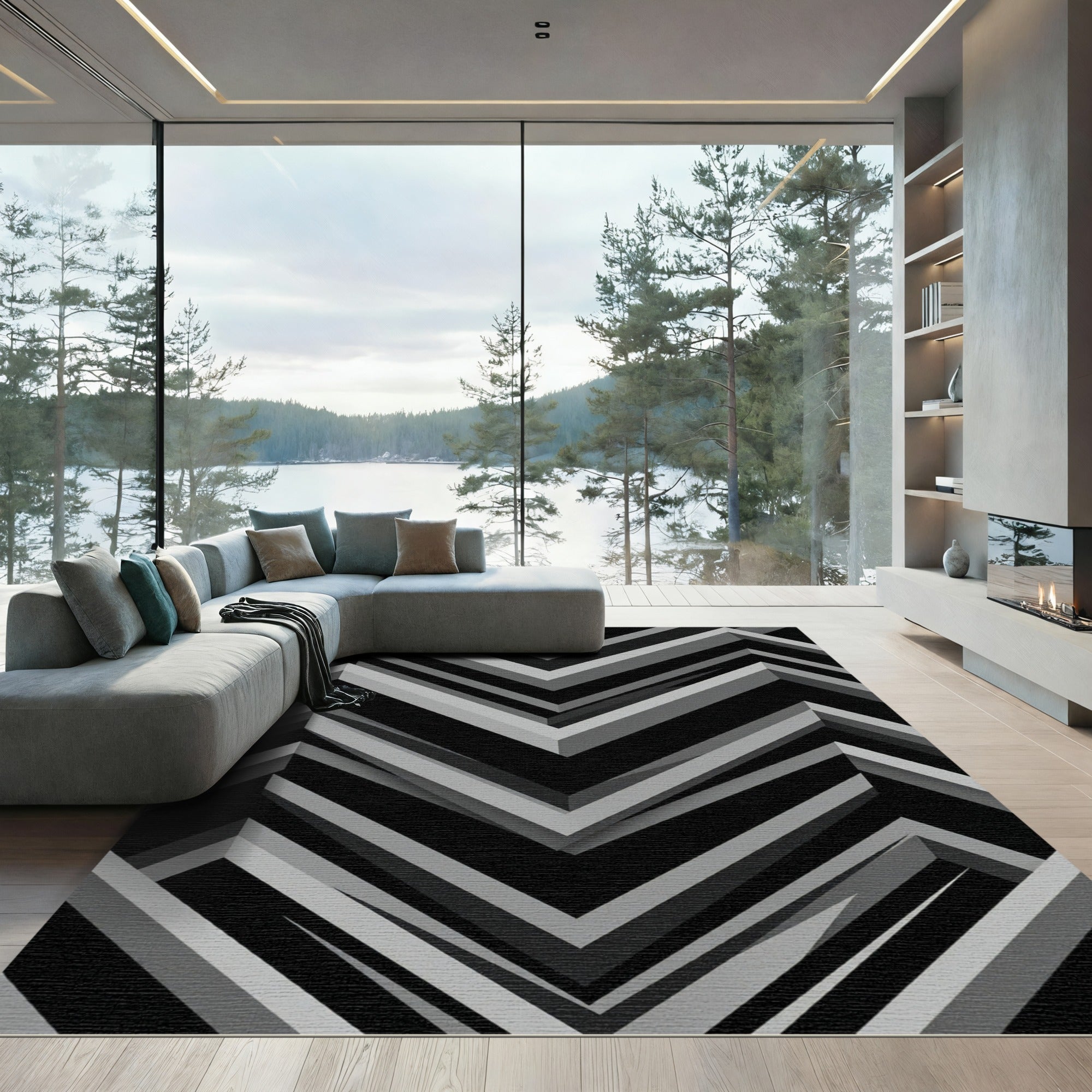 Modern Monochrome Chevron Geometric Art Rug