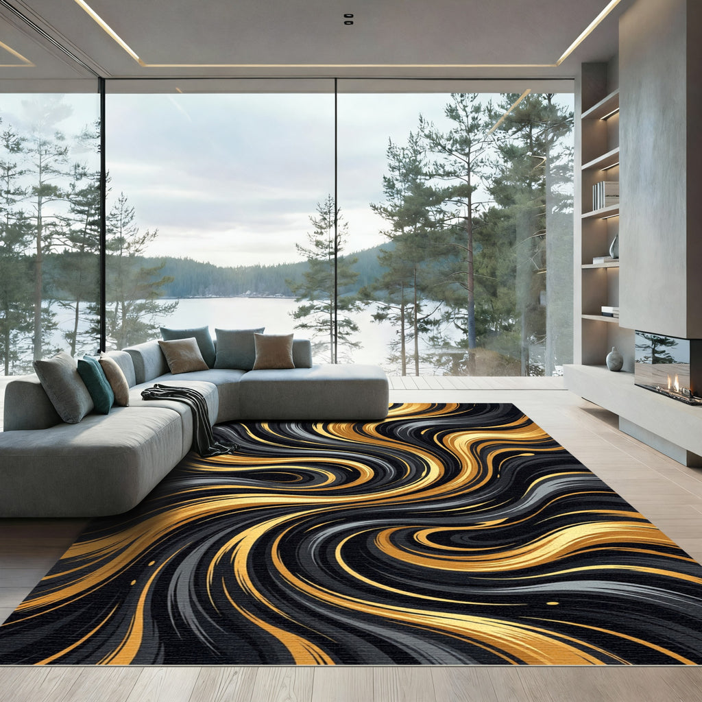 Abstract Liquid Gold and Black Swirl Rug