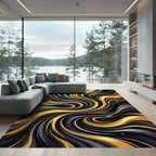 Abstract Liquid Gold and Black Swirl Rug
