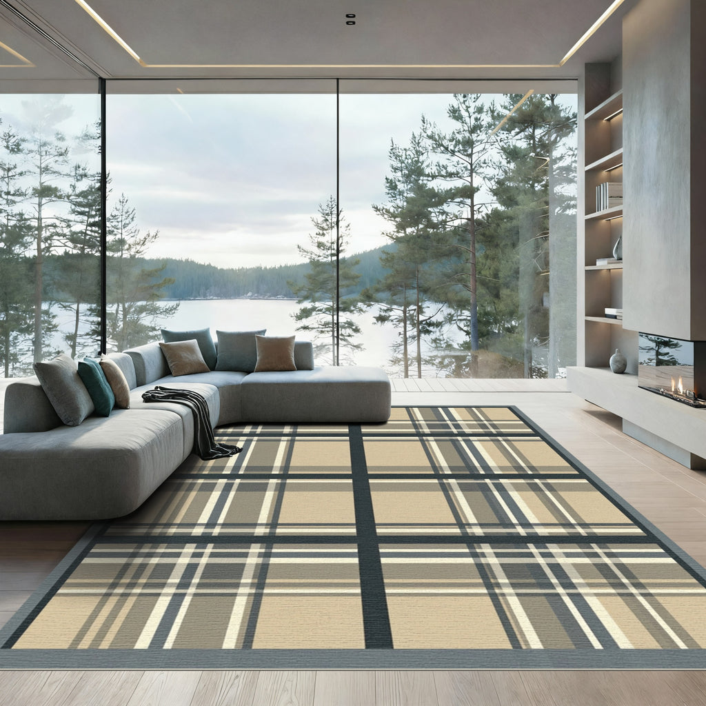 Classic Tan Plaid Grid Arrangement Rug