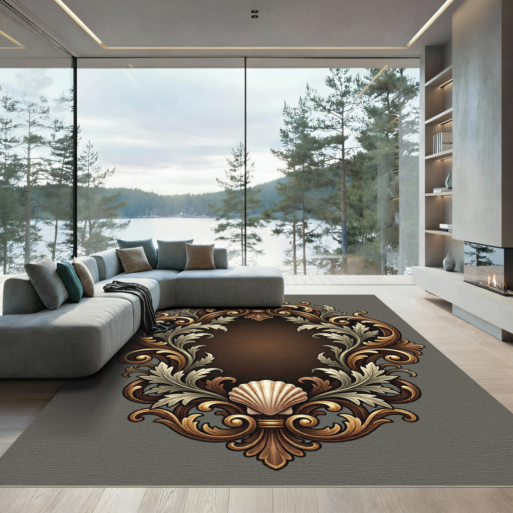 Ornate Gold Brown Seashell Scrollwork Rug