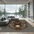 Ornate Gold Brown Seashell Scrollwork Rug