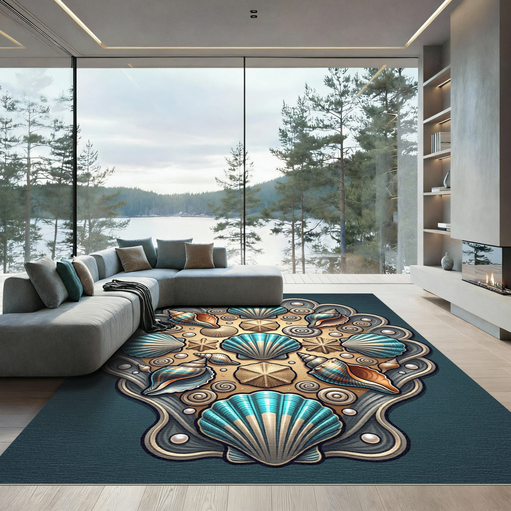 Coastal Teal Shell Medallion Area Rug