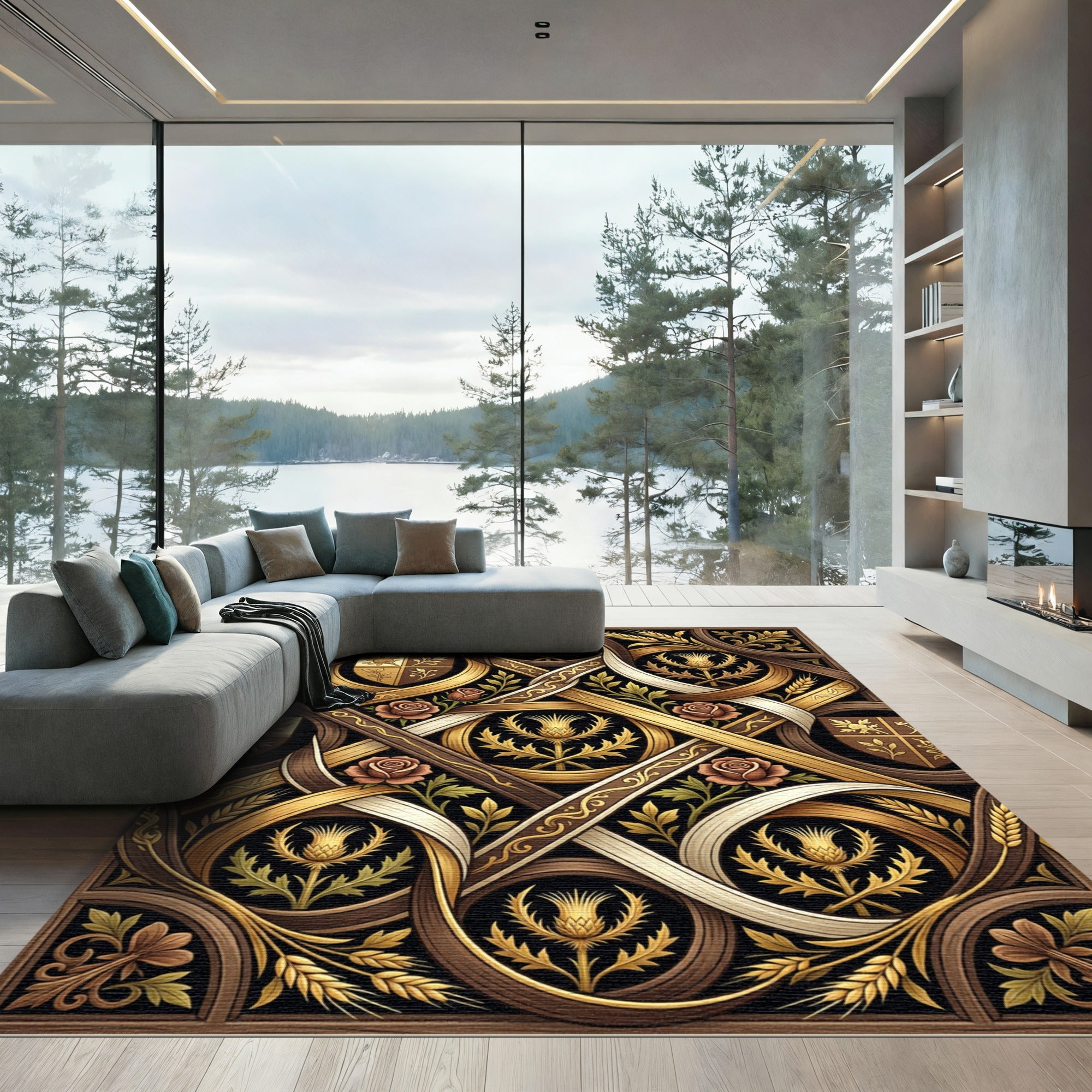 Regal Gold Thistle Rose Shield Scroll Rug