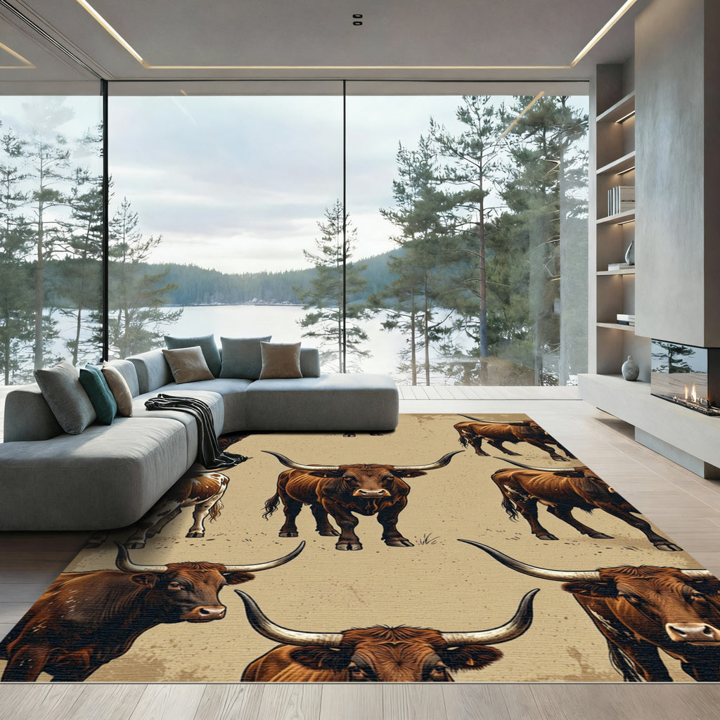 Rustic Brown Longhorn Cattle Western Rug