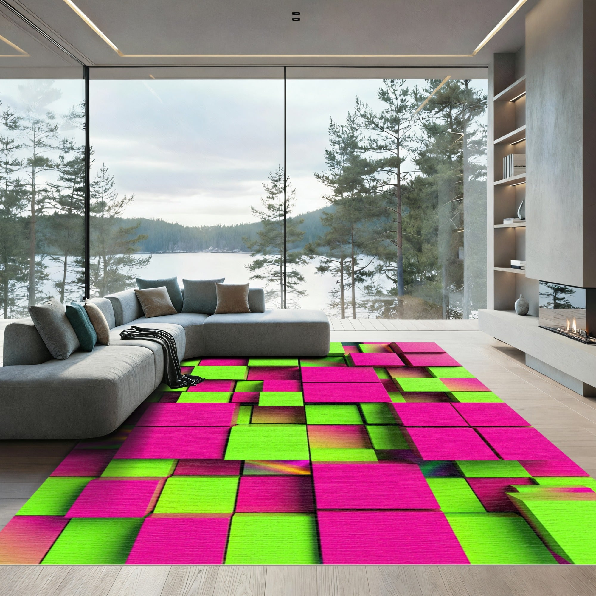 Vibrant Neon Pink and Green Geometric Block Rug