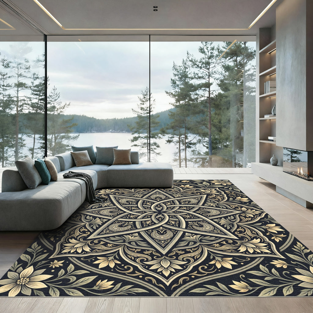 Ornate Gold Star Floral Mandala Rug