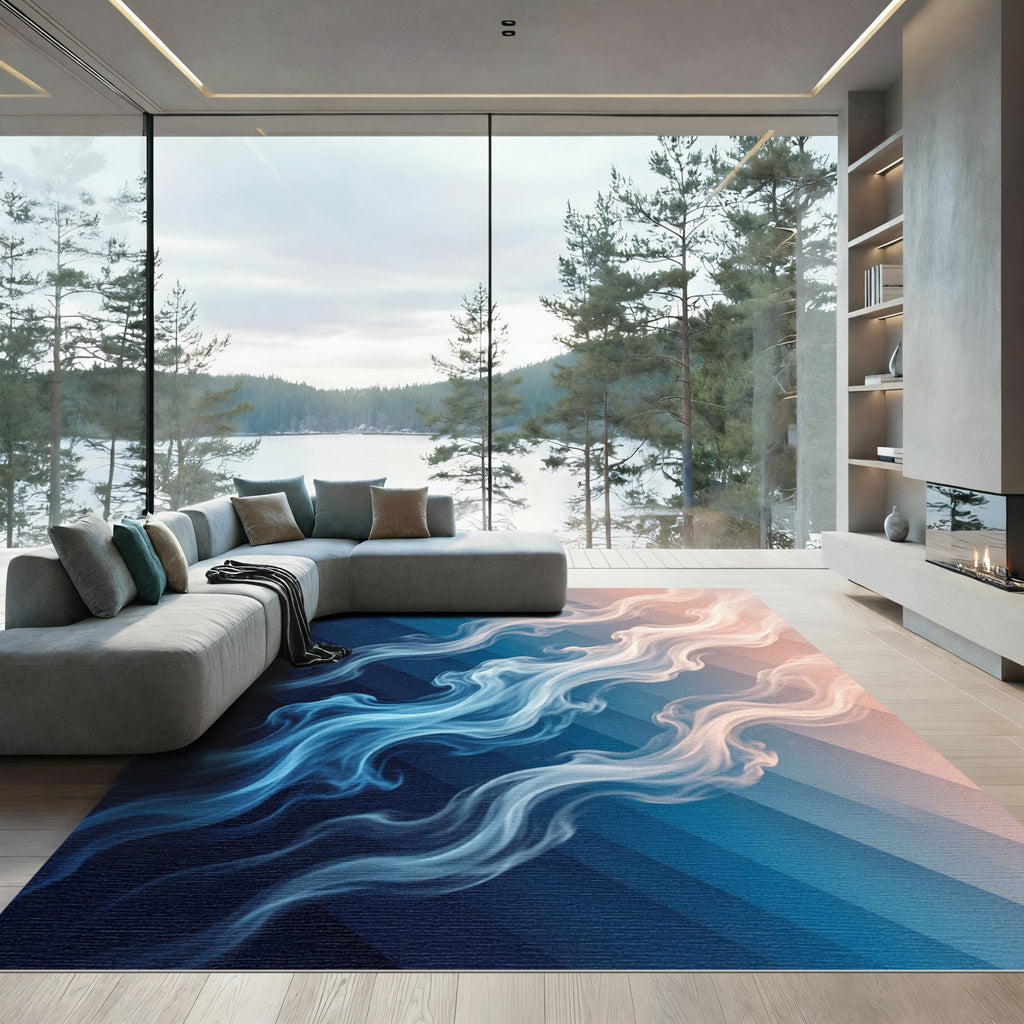 Blue White Swirling Vapor Stripes Rug