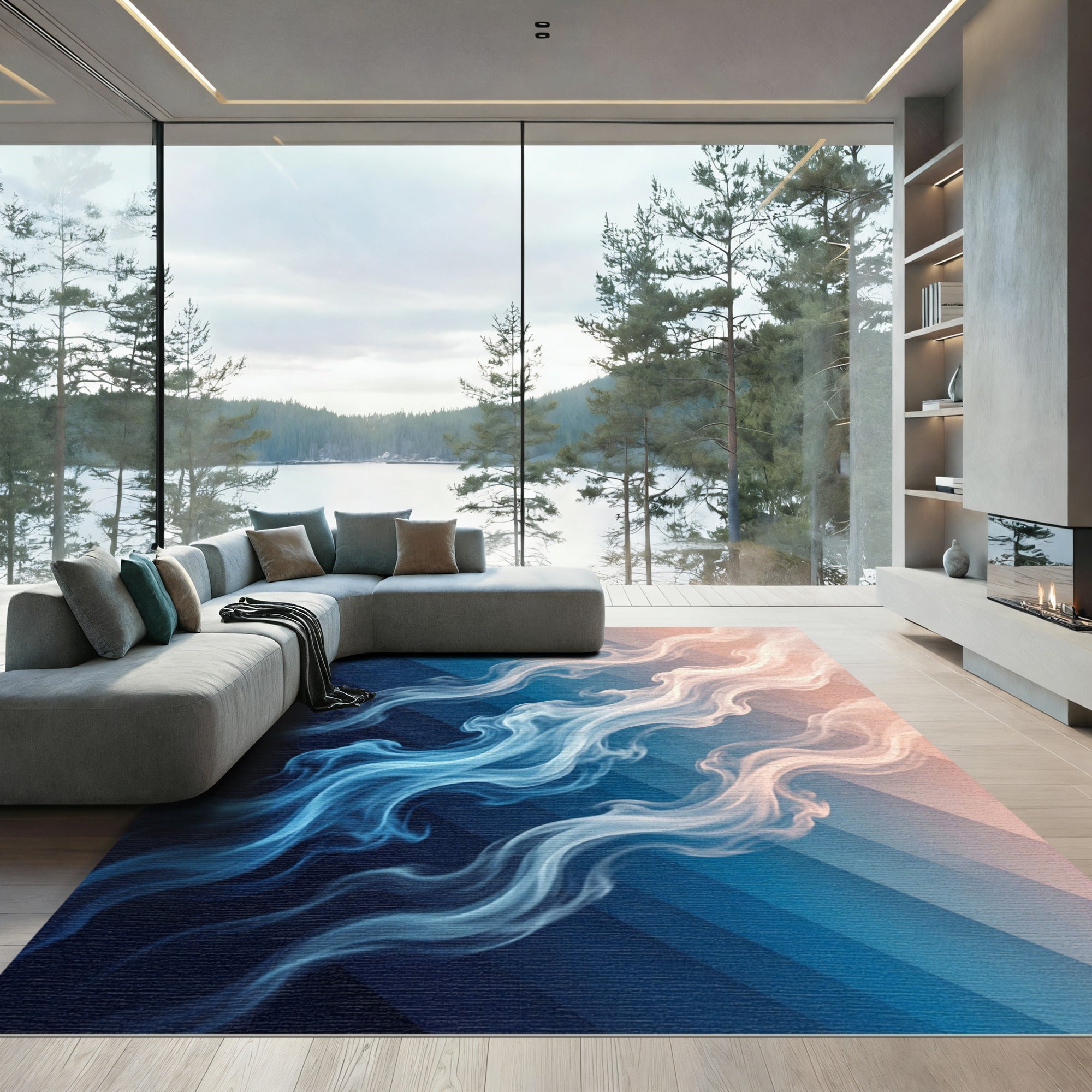 Blue White Swirling Vapor Stripes Rug
